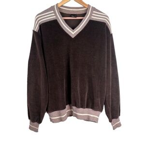 VTG 70s Campus Velour Sweater XL USA Made Chocolate Brown Stripe Retro Grandpa